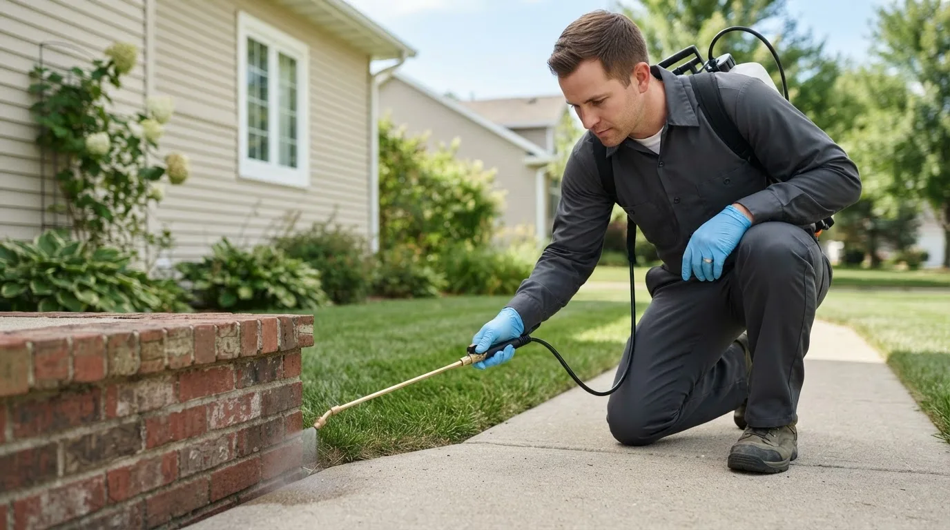 Pest control technician treating a home near Hardy, AR